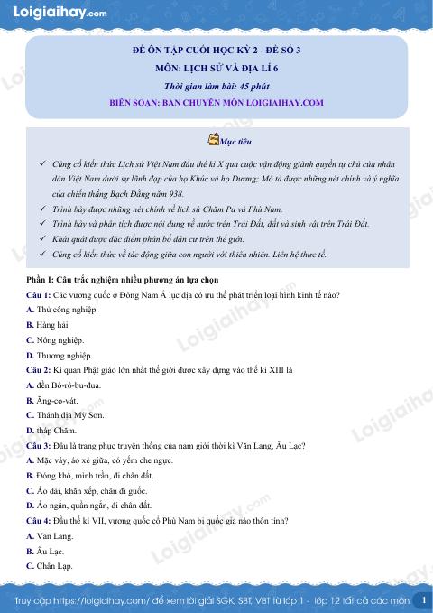 Đề thi học kì 2 Lịch sử và địa lí 6 KNTT - Đề số 3